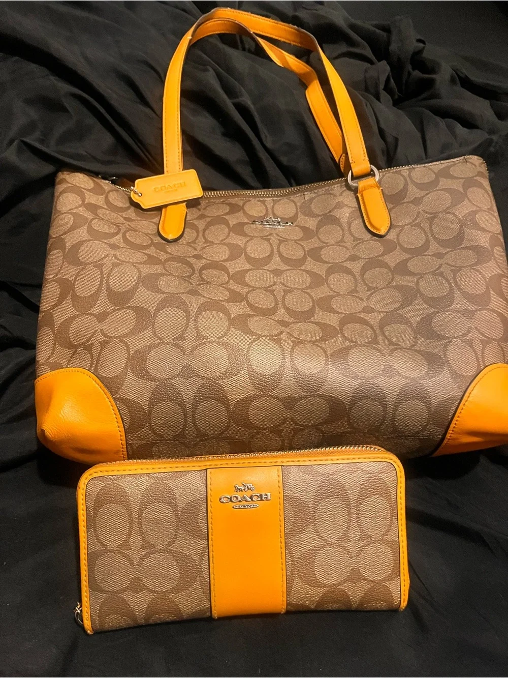 Coach Tan Signature Tote with Orange Leather Trim and Matching Wallet